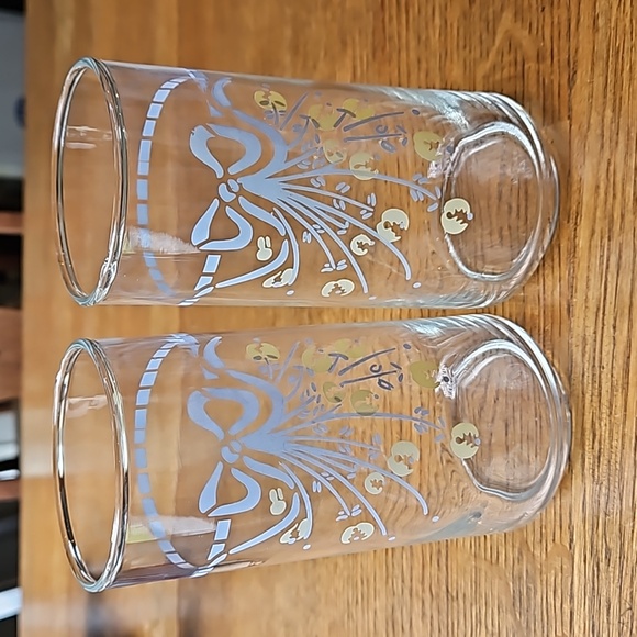 Vintage Farmhouse Country Chic Blue Bow Yellow Floral Print Drinking Glasses - Picture 1 of 6